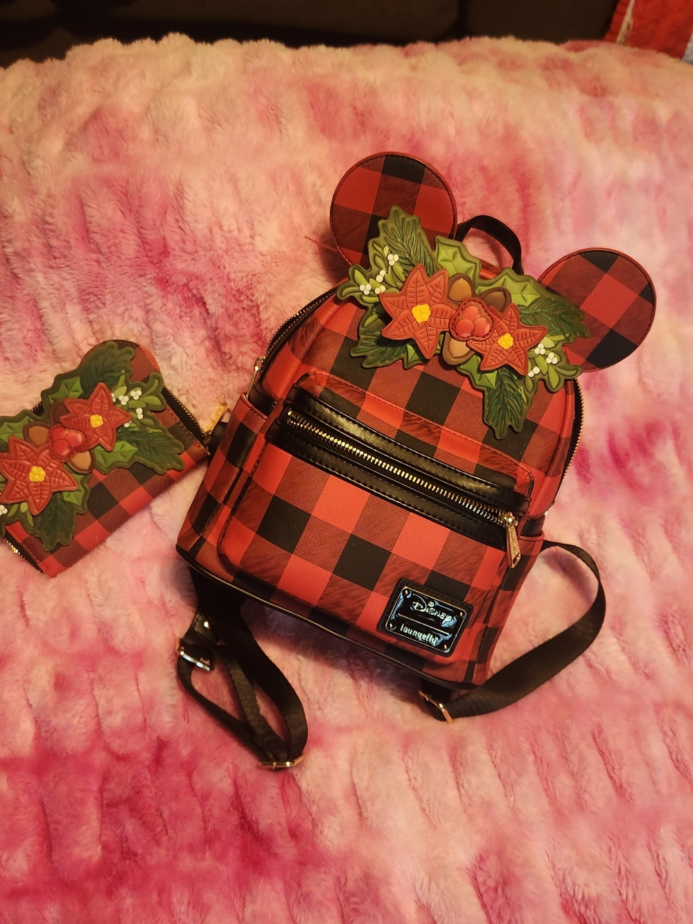 Disney Loungefly Red & Black Buffalo Plaid Poinsettia Mini Backpack